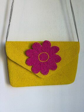Yellow Pink Beaded Flower Clutch Crossbody Bag Spring Wedding
